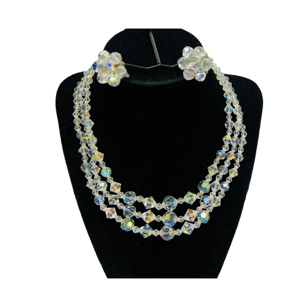 Vintage Choker & Clip On Earrings set Clear Sparkling Aurora Borealis Crystals